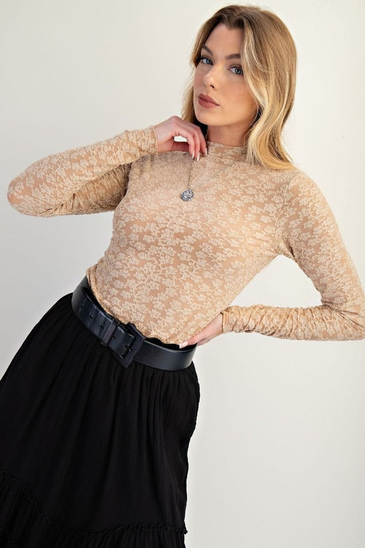 Easel Burnout Floral Lace Fitted Long Sleeve Top