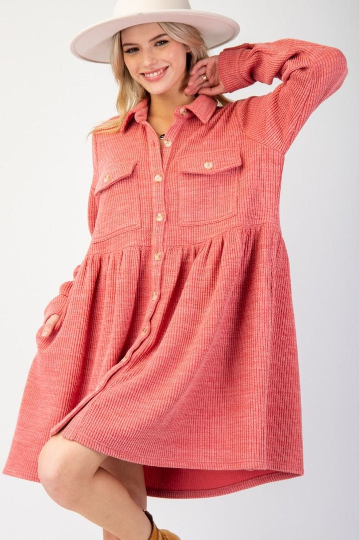 Easel Button Down Collared Rib Knit Shirt Dress