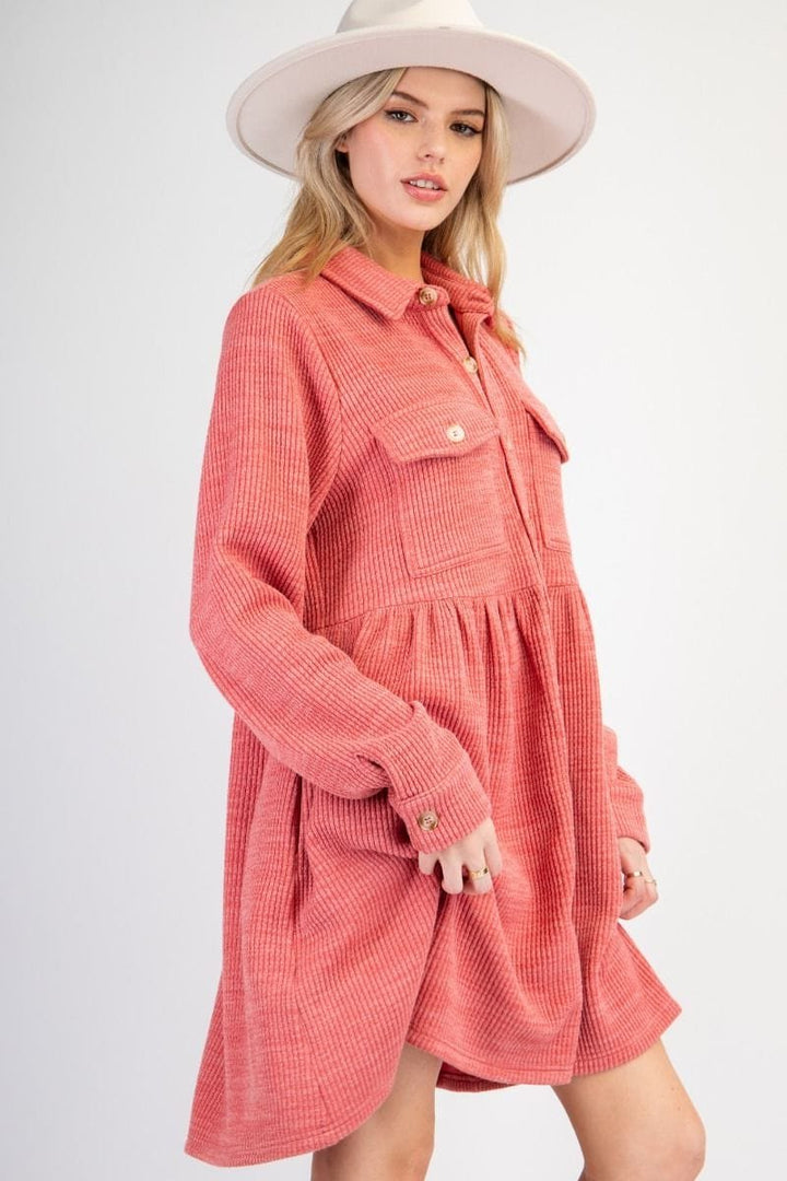 Easel Button Down Collared Rib Knit Shirt Dress