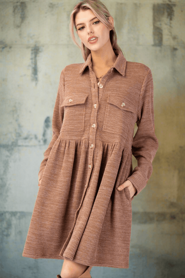 Easel Button Down Collared Rib Knit Shirt Dress