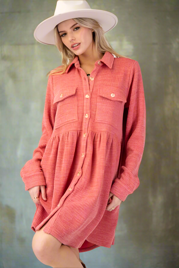 Easel Button Down Collared Rib Knit Shirt Dress