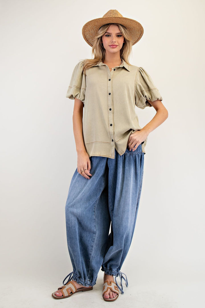 Easel Button Down Washed Chambray Puff Sleeve Shirt