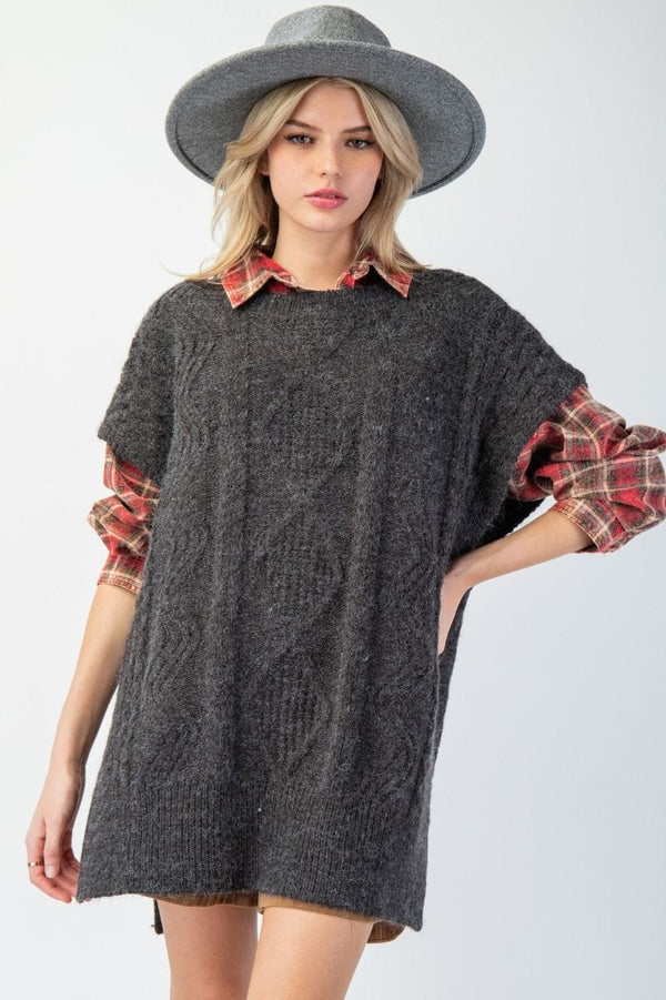 Easel Cable Knit Sweater Sleeveless Oversized Tunic Vest