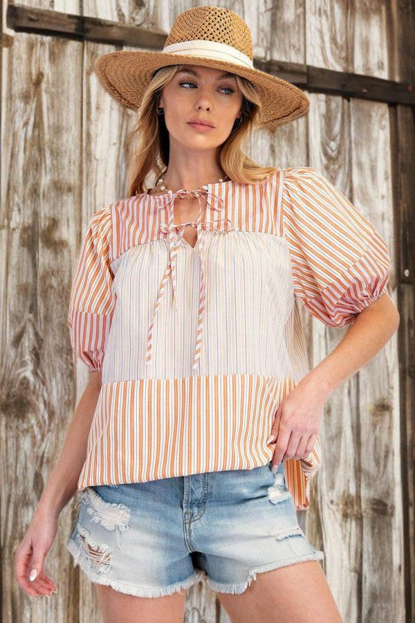 Easel Color Block Stripe Mixed Woven Top with Self Tie Neckline