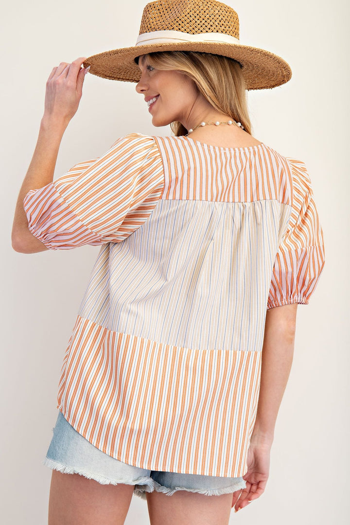 Easel Color Block Stripe Mixed Woven Top with Self Tie Neckline