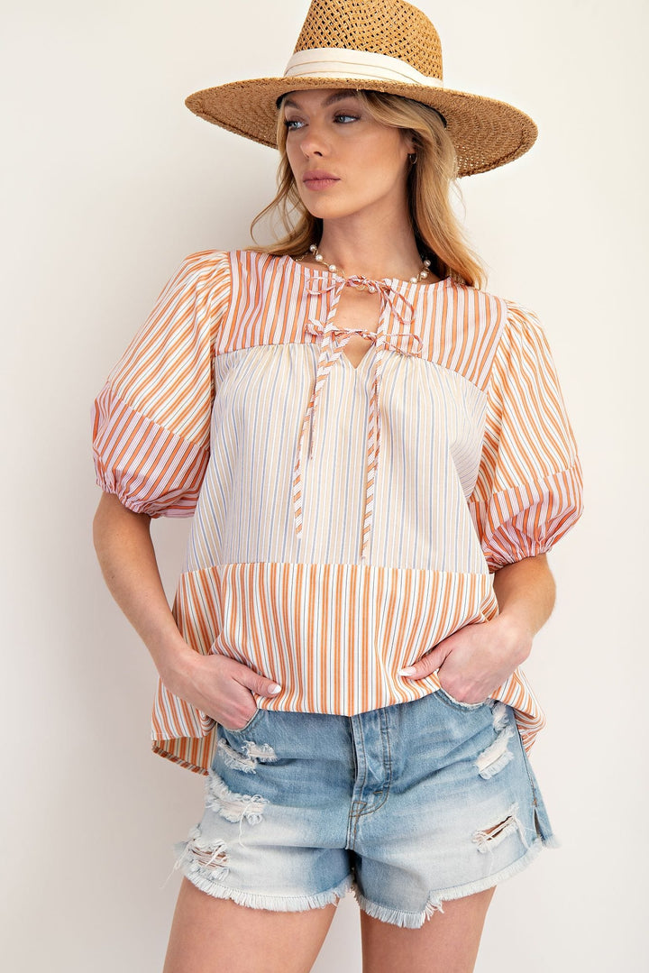 Easel Color Block Stripe Mixed Woven Top with Self Tie Neckline