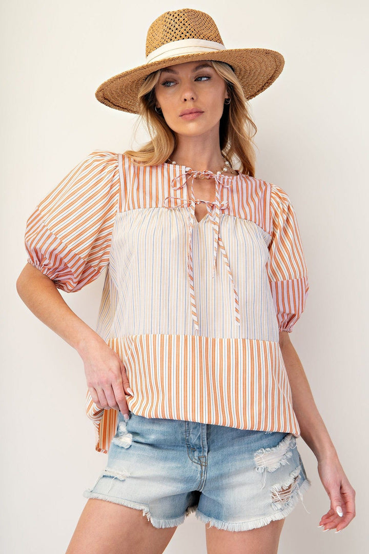 Easel Color Block Stripe Mixed Woven Top with Self Tie Neckline