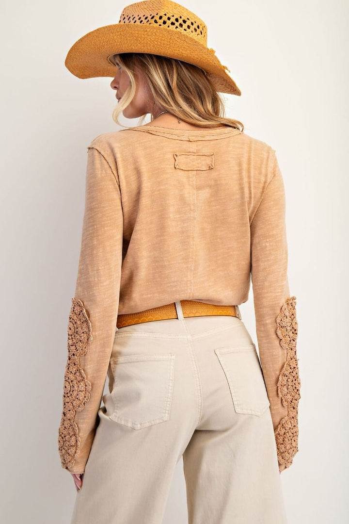 Easel Crochet Lace Detailed Long Sleeve Henley Neckline Cotton Slub Top