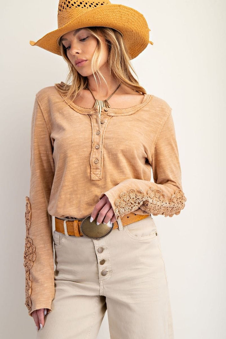 Easel Crochet Lace Detailed Long Sleeve Henley Neckline Cotton Slub Top