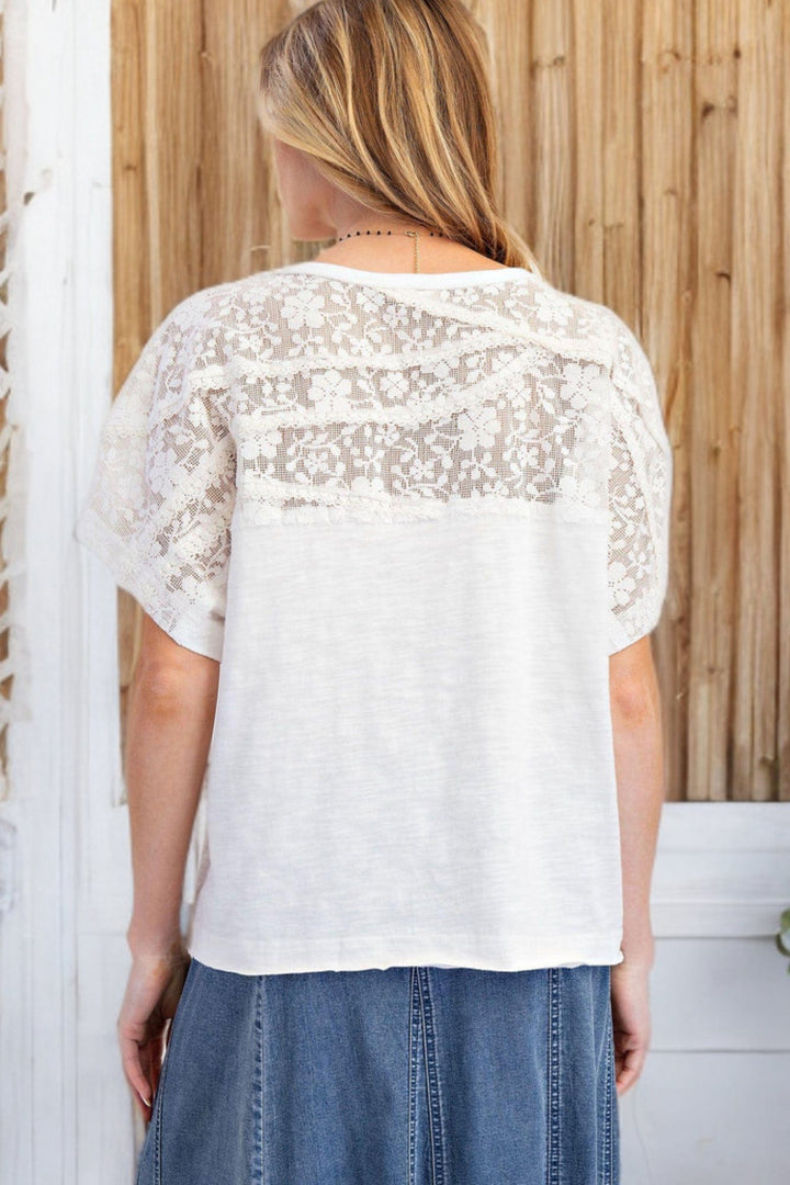 Easel Crochet Lace Mix Cotton Slub Soft Washed Short Sleeve Top