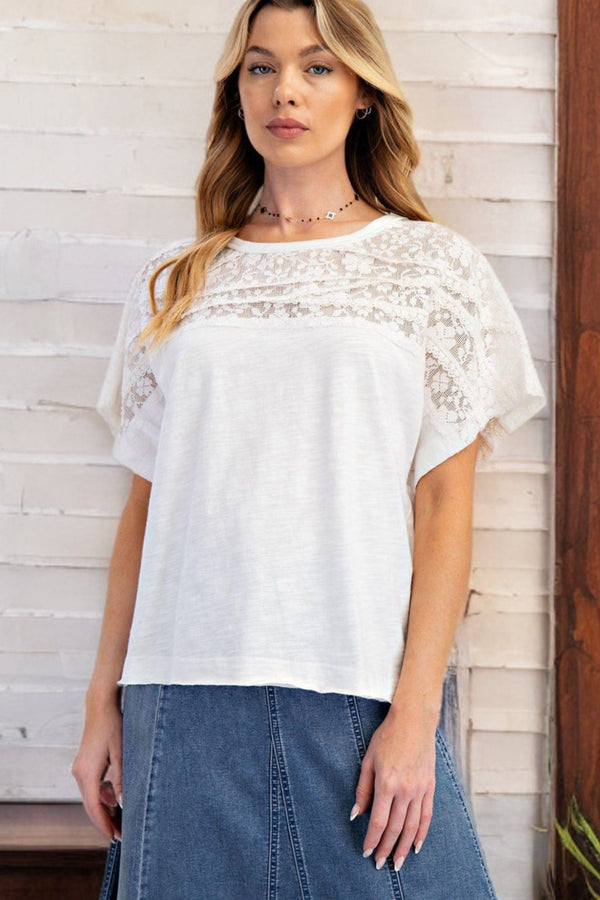 Easel Crochet Lace Mix Cotton Slub Soft Washed Short Sleeve Top