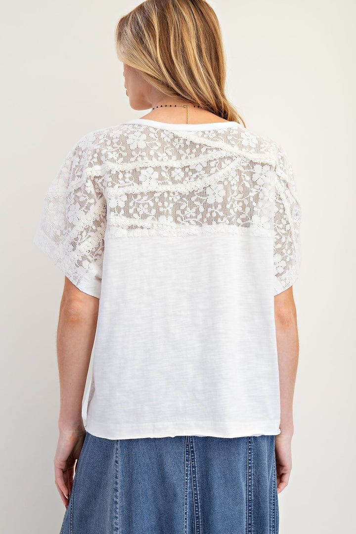 Easel Crochet Lace Mix Cotton Slub Soft Washed Short Sleeve Top