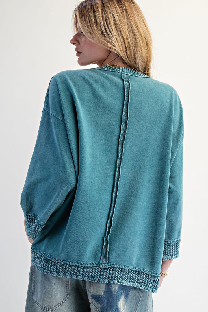 Easel Crochet Trim Front Pocket Boxy Pullover Top