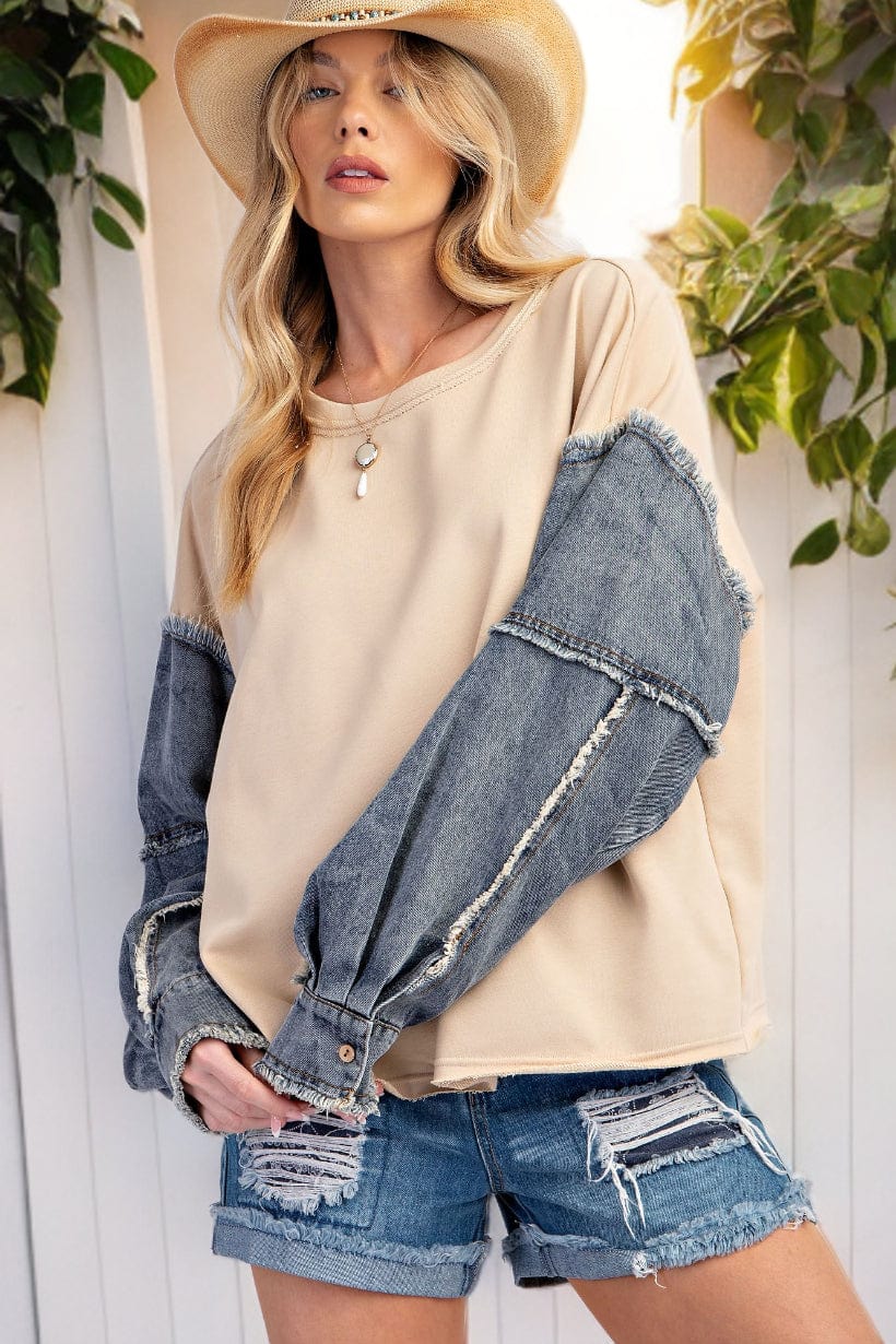 Sweatshirt with denim sleeves sale