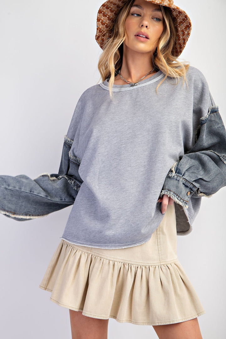 Easel Denim Sleeve Terry Knit Washed Pullover