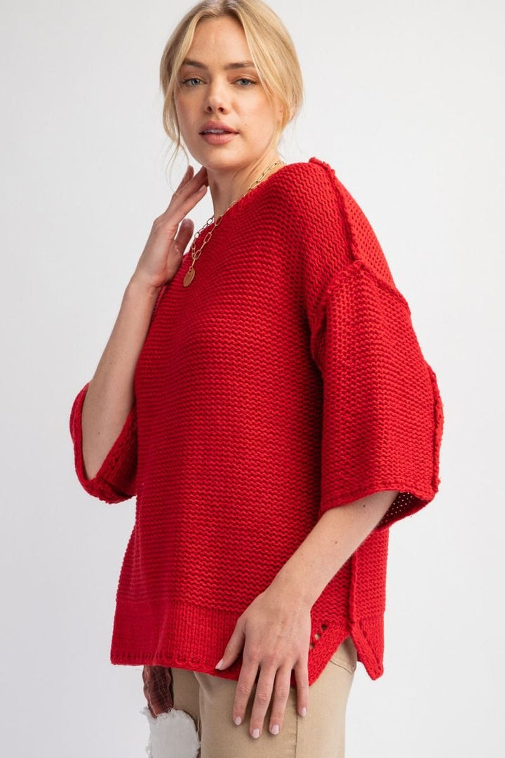 Easel Dolman Sleeve Inside Out Hem Knit Boxy Sweater Top