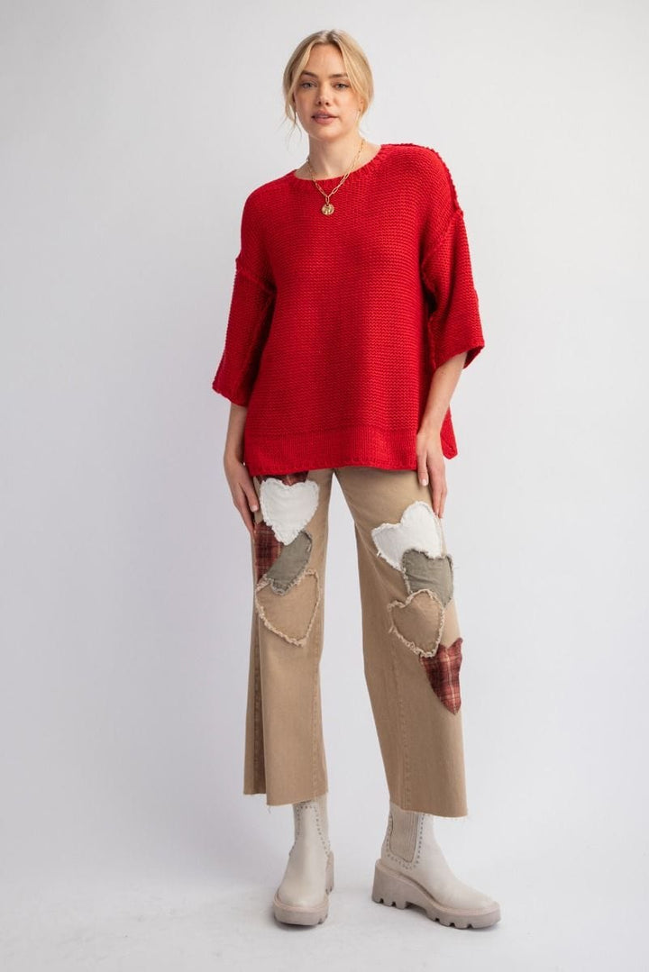 Easel Dolman Sleeve Inside Out Hem Knit Boxy Sweater Top