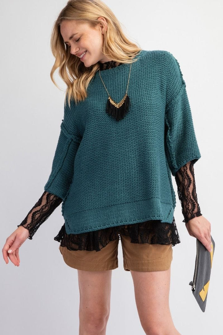 Easel Dolman Sleeve Inside Out Hem Knit Boxy Sweater Top