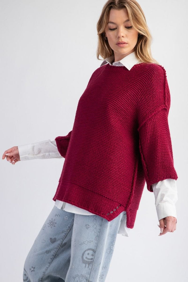 Easel Dolman Sleeve Inside Out Hem Knit Boxy Sweater Top