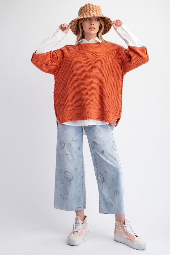 Easel Dolman Sleeve Inside Out Hem Knit Boxy Sweater Top