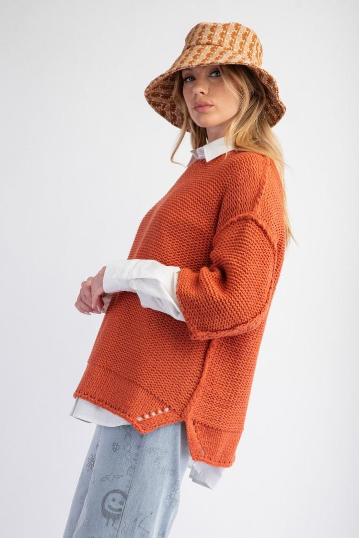 Easel Dolman Sleeve Inside Out Hem Knit Boxy Sweater Top