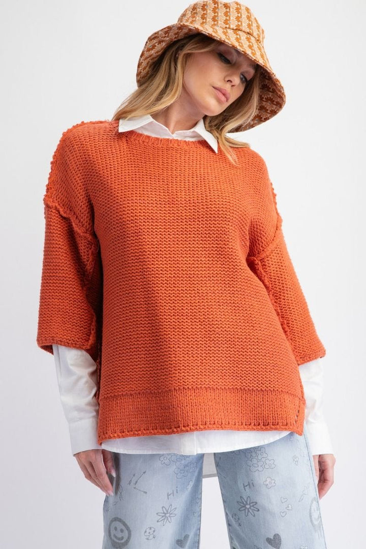 Easel Dolman Sleeve Inside Out Hem Knit Boxy Sweater Top