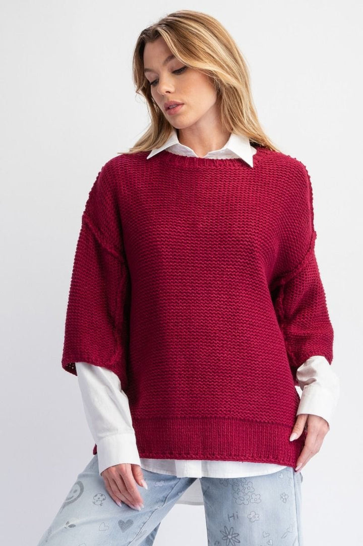 Easel Dolman Sleeve Inside Out Hem Knit Boxy Sweater Top