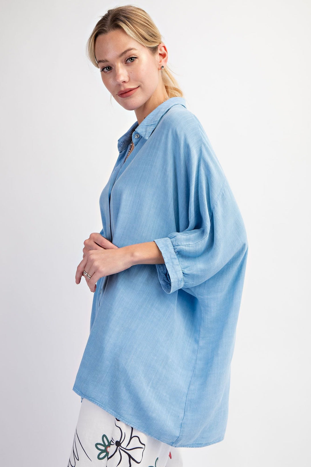Easel Dolman Sleeve Poly Linen Mineral Washed Button Down Oversized Shirt