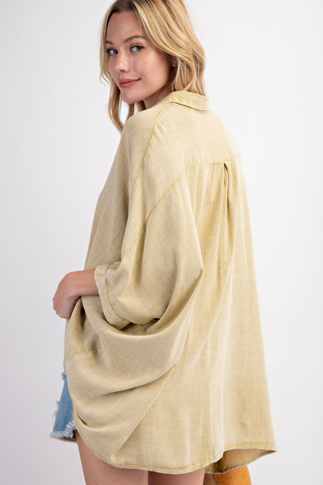 Easel Dolman Sleeve Poly Linen Mineral Washed Button Down Oversized Shirt