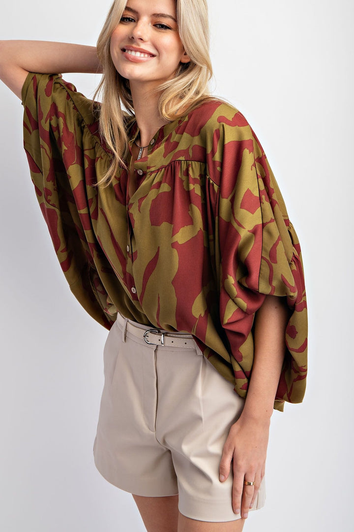 Easel Dolman Sleeve Printed Mirabelle Satin Button Down Shirt