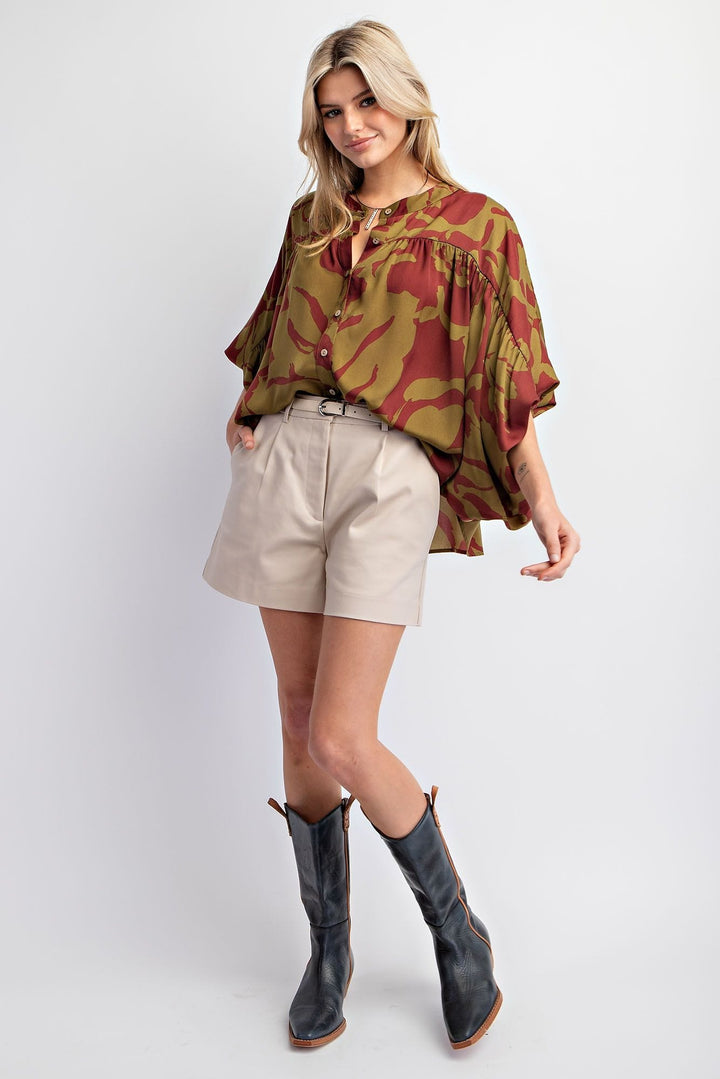 Easel Dolman Sleeve Printed Mirabelle Satin Button Down Shirt