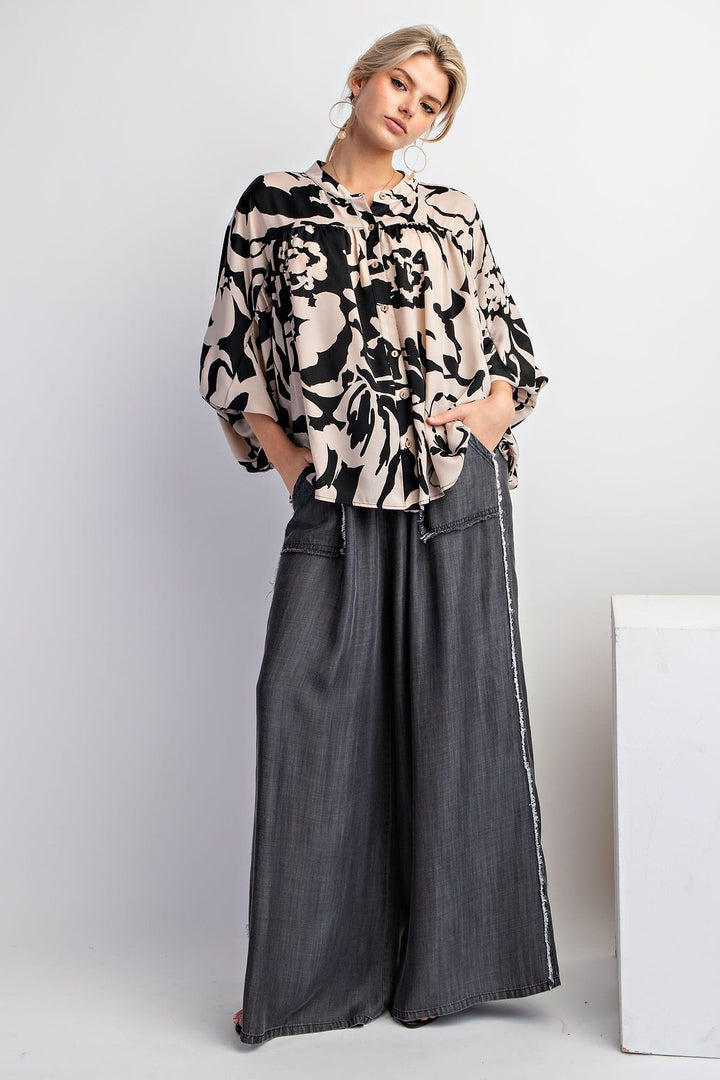 Easel Dolman Sleeve Printed Mirabelle Satin Button Down Shirt