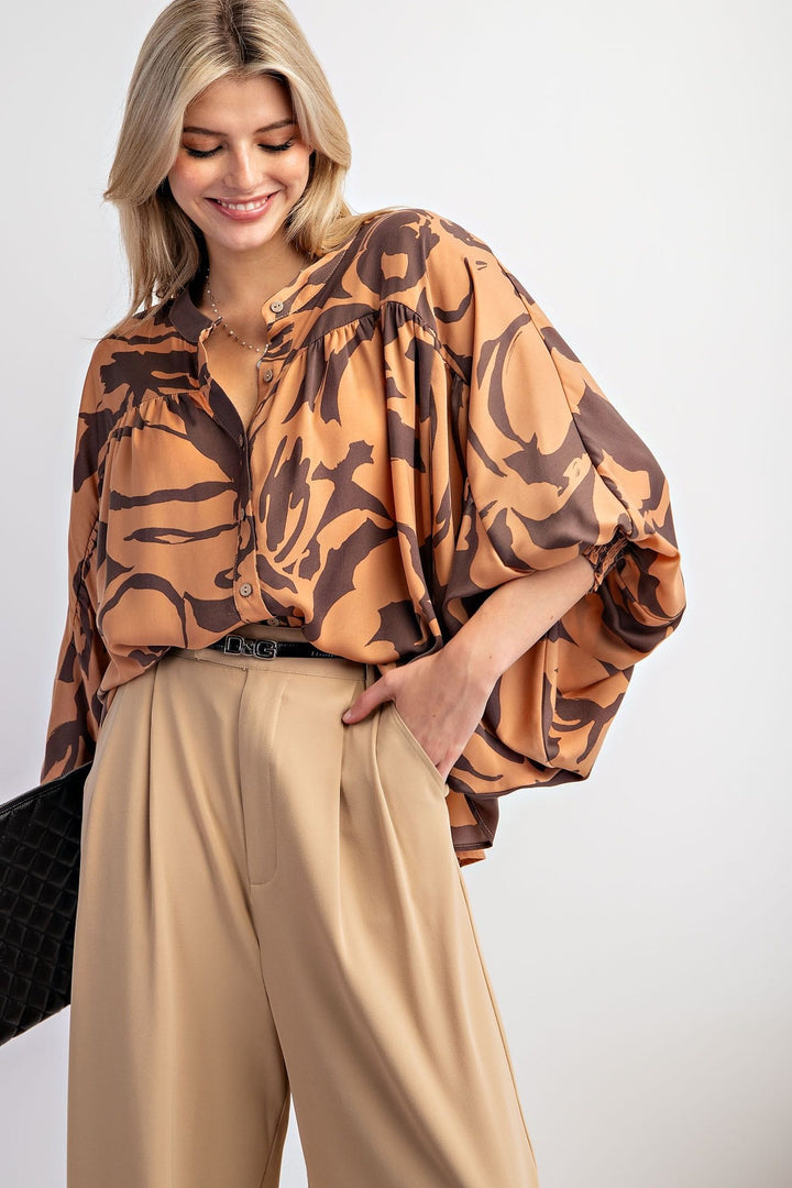 Easel Dolman Sleeve Printed Mirabelle Satin Button Down Shirt