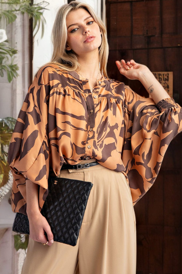 Easel Dolman Sleeve Printed Mirabelle Satin Button Down Shirt