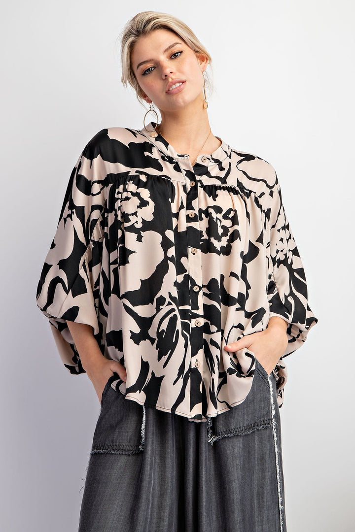 Easel Dolman Sleeve Printed Mirabelle Satin Button Down Shirt