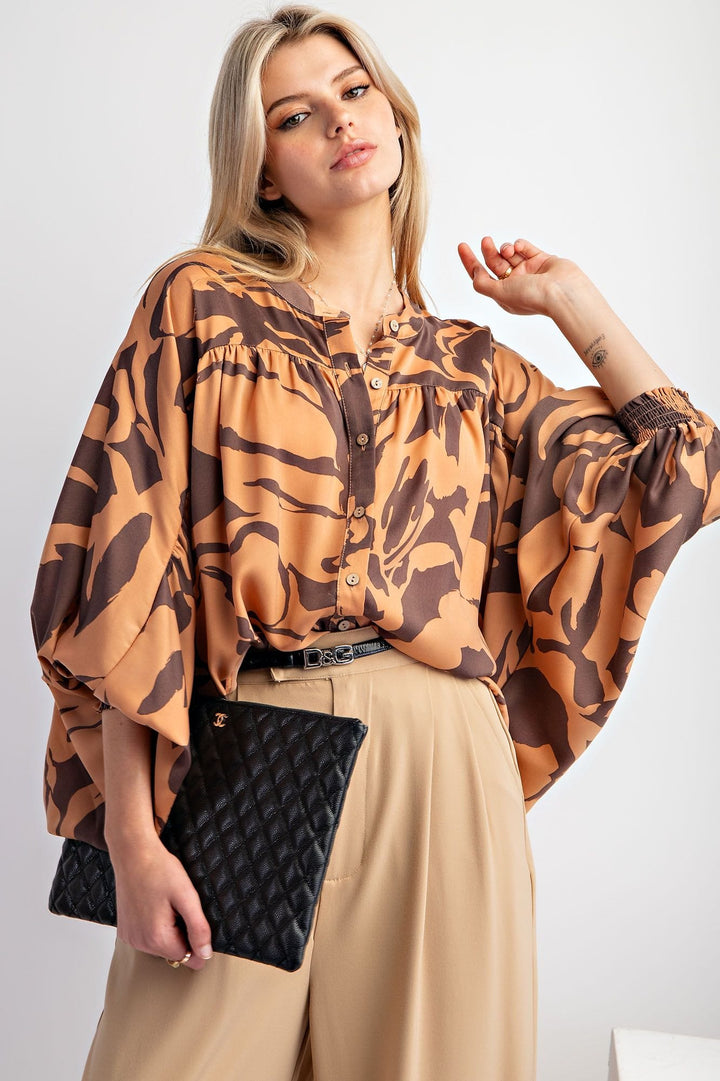 Easel Dolman Sleeve Printed Mirabelle Satin Button Down Shirt