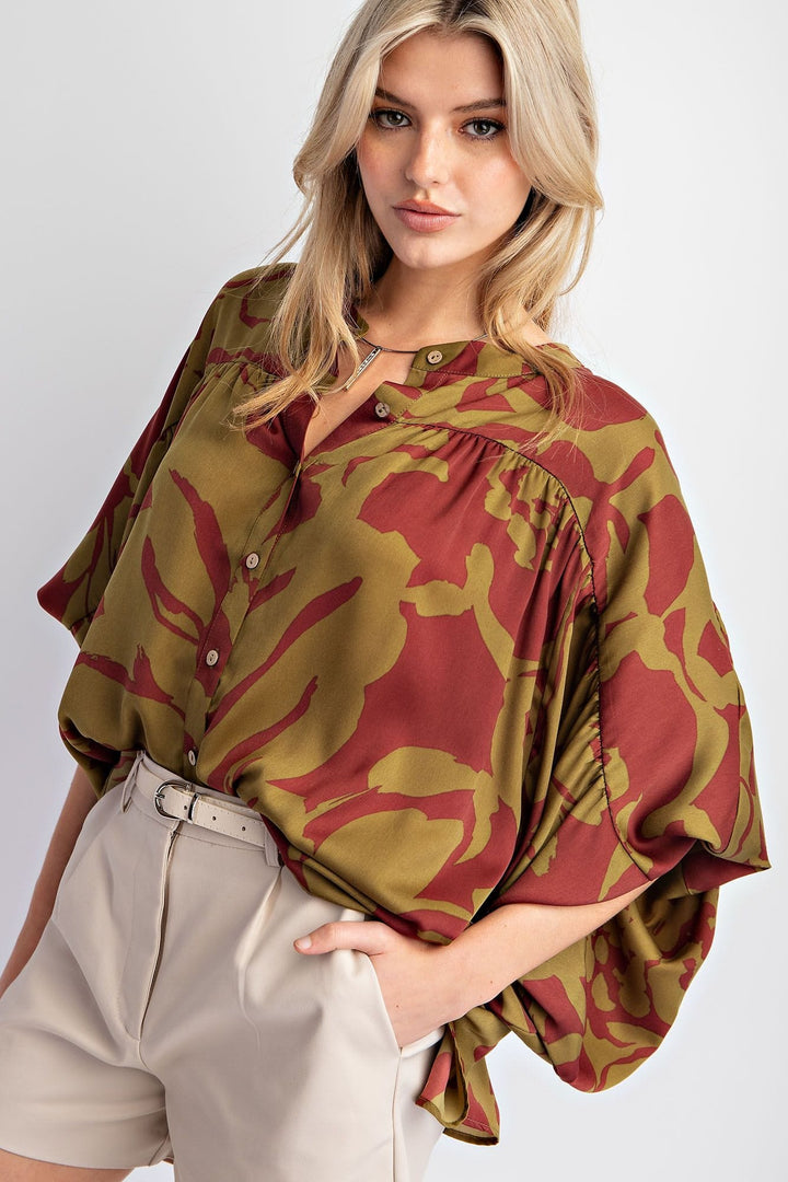 Easel Dolman Sleeve Printed Mirabelle Satin Button Down Shirt