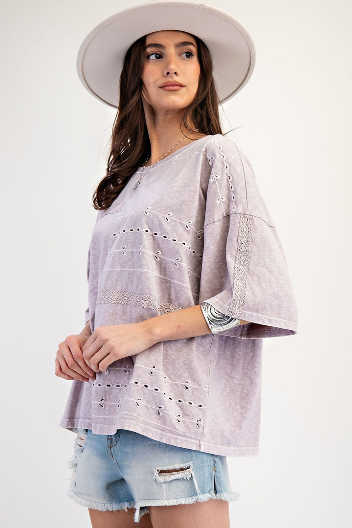 Easel Embo Lace Mixed Mineral Washed Cotton Slub Top