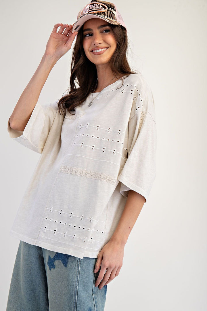 Easel Embo Lace Mixed Mineral Washed Cotton Slub Top