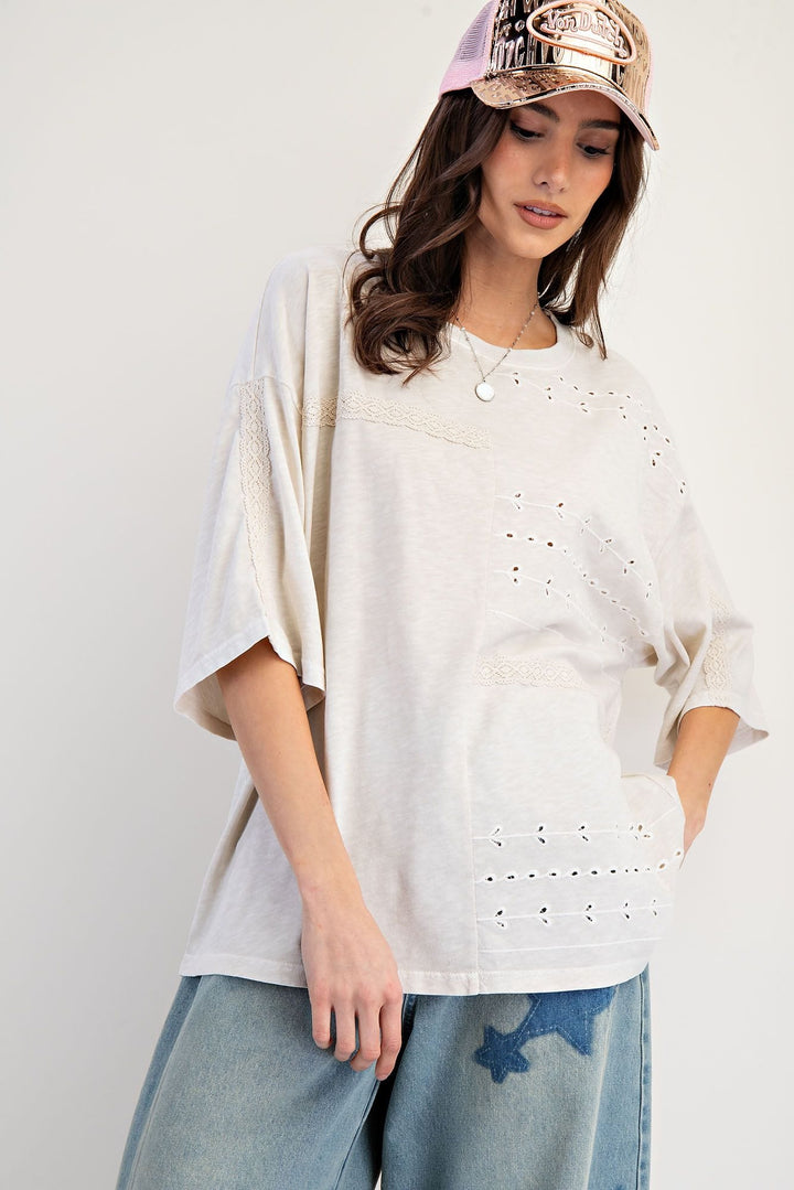 Easel Embo Lace Mixed Mineral Washed Cotton Slub Top