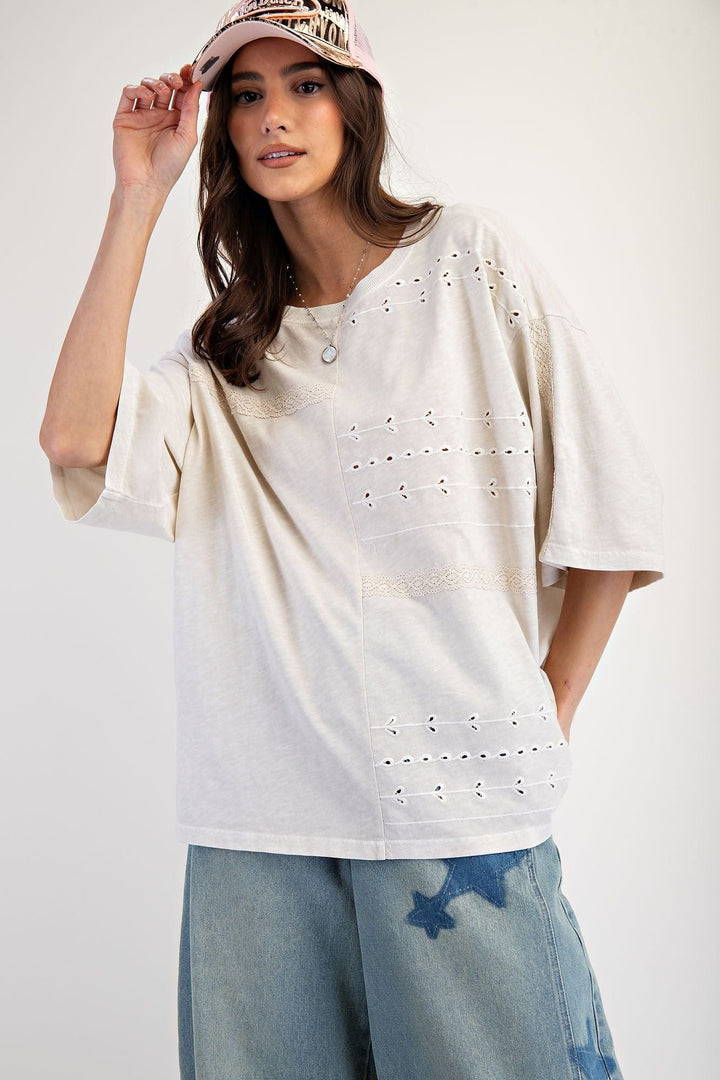 Easel Embo Lace Mixed Mineral Washed Cotton Slub Top