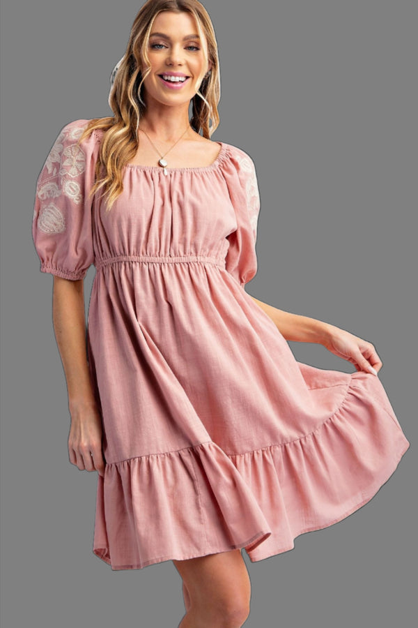 Easel Embroidered Bubble Sleeve Linen Dress