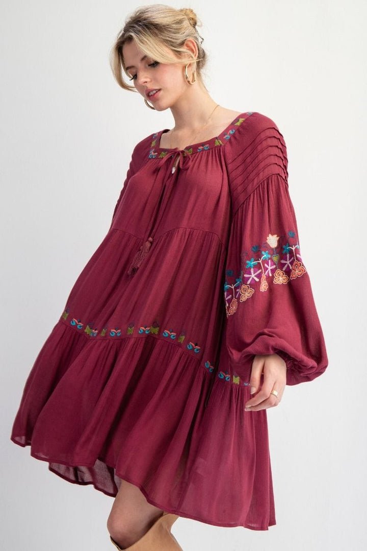 Easel Embroidered Detailing Rayon Gauze Woven Midi Dress