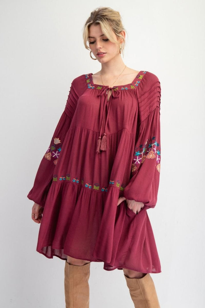 Easel Embroidered Detailing Rayon Gauze Woven Midi Dress