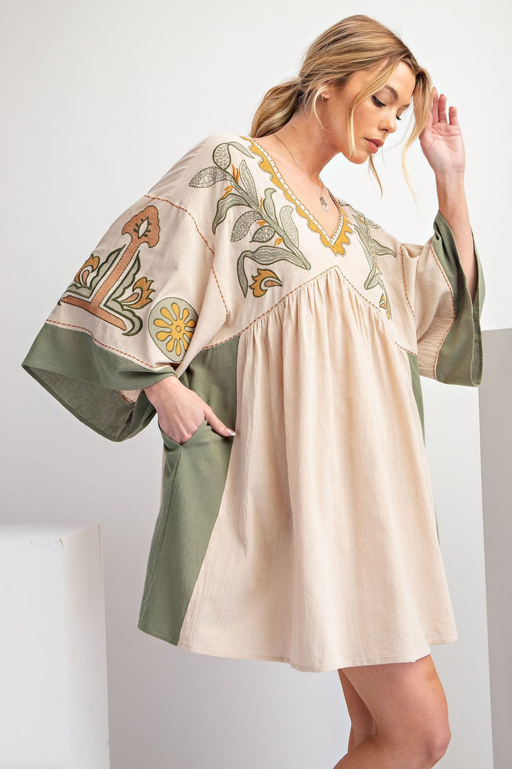 Easel Embroidered Poly Linen Woven Dress