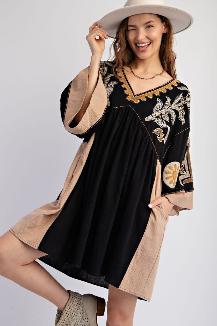 Easel Embroidered Poly Linen Woven Dress