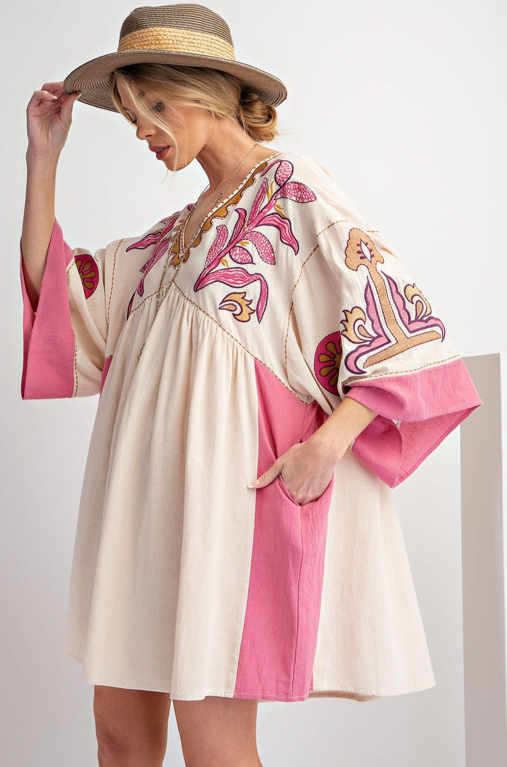 Easel Embroidered Poly Linen Woven Dress