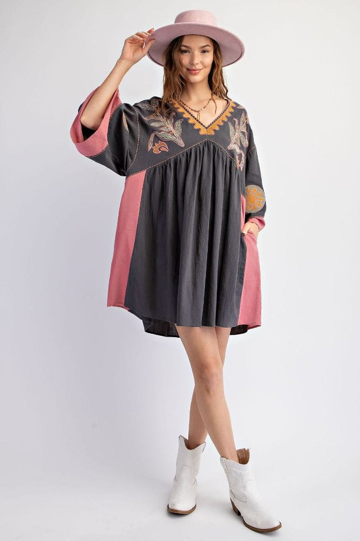 Easel Embroidered Poly Linen Woven Dress