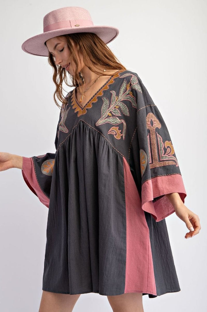 Easel Embroidered Poly Linen Woven Dress