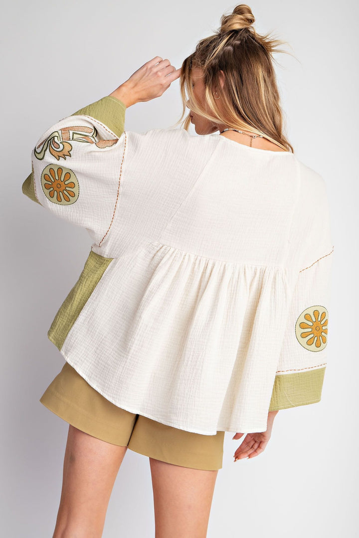 Easel Embroidery Detailing Cotton Gauze Babydoll Woven Top